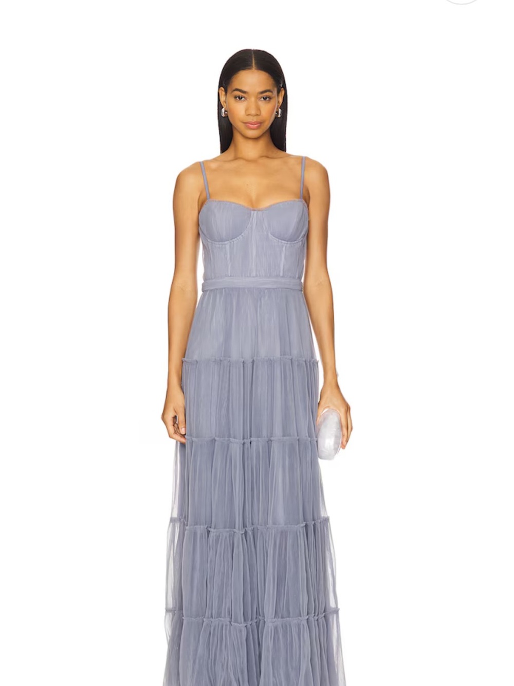 Spaghetti Strap Tiered Lace-Effect Evening Dress in Dusty Blue